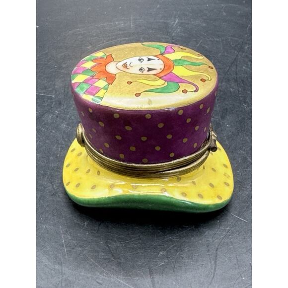 Limoges Peint Main Jester Top Hat Porcelain Trinket Box Hand Painted 2 Inch RARE - Picture 5 of 10